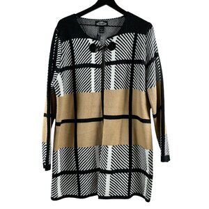 Oliver O – Women’s Plaid Knit Cardigan with Toggle Closure – Black/White/Tan –XL